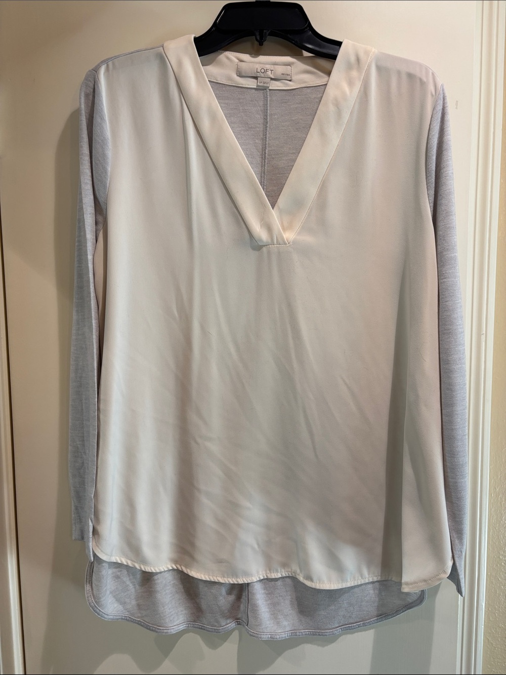 LOFT Cream Front with Light Gray Knit Back V-Neck Tunic